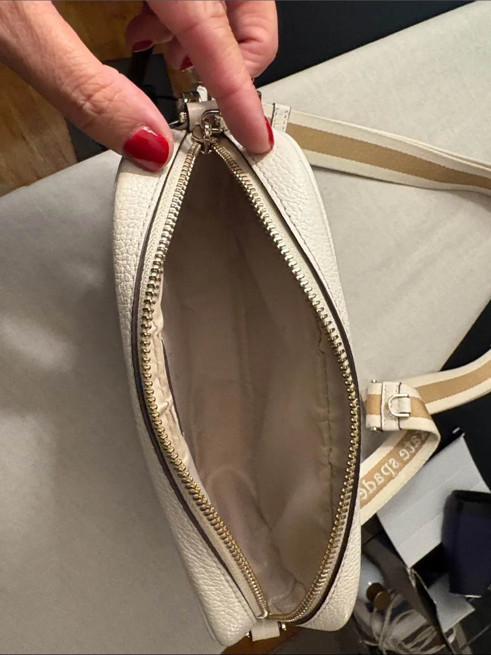 kate spade Cream Pebbled Leather Crossbody with Striped Strap